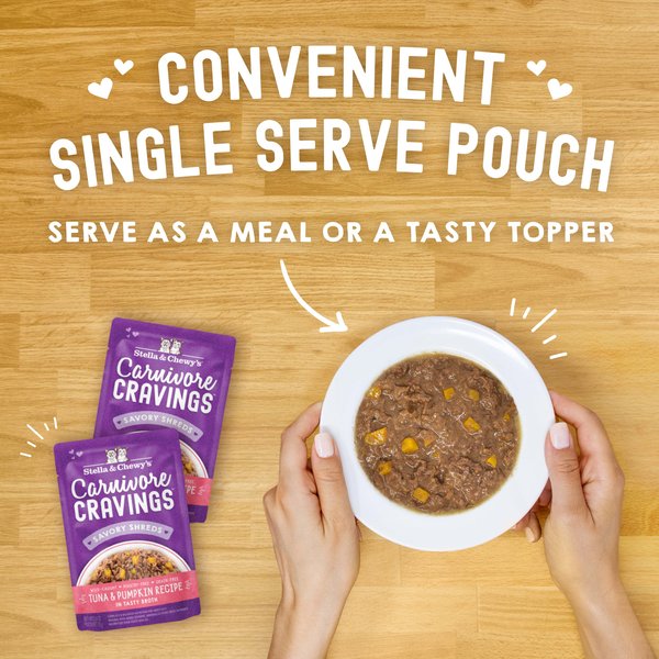 Show full view: Stella & Chewy's Carnivore Cravings Tuna & Pumpkin Flavored Shredded Wet Cat Food, 2.8-oz pouch, case of 12 slide 7 of 9