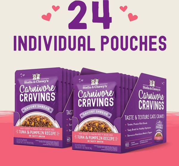 Show full view: Stella & Chewy's Carnivore Cravings Tuna & Pumpkin Flavored Shredded Wet Cat Food, 2.8-oz pouch, case of 12 slide 6 of 9