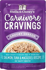 Stella & Chewy's Carnivore Cravings Salmon, Tuna & Mackerel Flavored Shredded Wet Cat Food, 2.8-oz pouch, case of 12