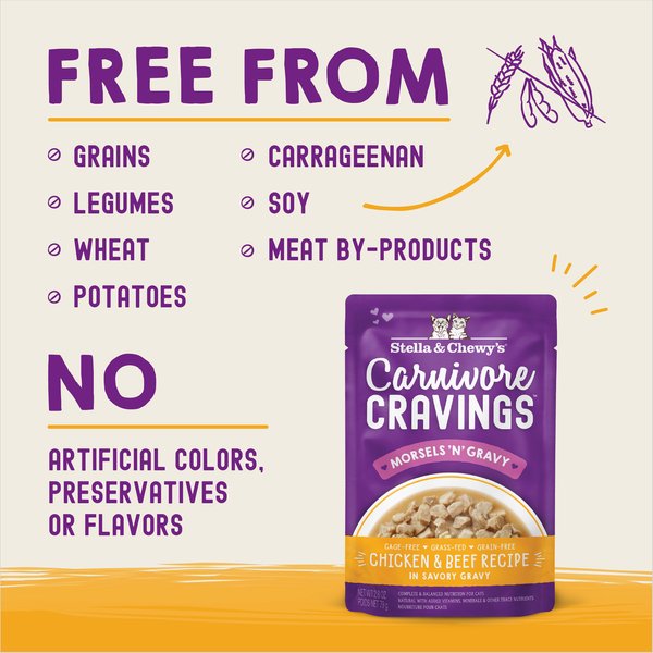 Show full view: Stella & Chewy's Carnivore Cravings Morsels'N'Gravy Chicken & Beef Recipe Wet Cat Food, 2.8-oz pouch, case of 12 slide 3 of 9