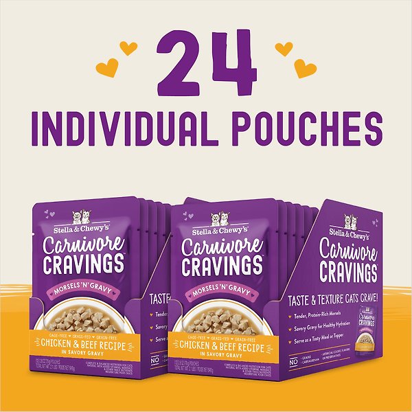 Show full view: Stella & Chewy's Carnivore Cravings Morsels'N'Gravy Chicken & Beef Recipe Wet Cat Food, 2.8-oz pouch, case of 12 slide 6 of 9