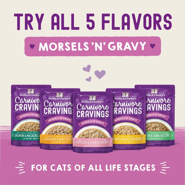 Show full view: Stella & Chewy's Carnivore Cravings Morsels'N'Gravy Salmon & Mackerel Recipe Wet Cat Food, 2.8-oz pouch, case of 12 slide 4 of 9