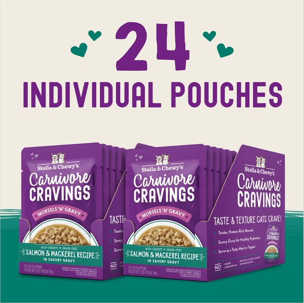 Show full view: Stella & Chewy's Carnivore Cravings Morsels'N'Gravy Salmon & Mackerel Recipe Wet Cat Food, 2.8-oz pouch, case of 12 slide 8 of 9