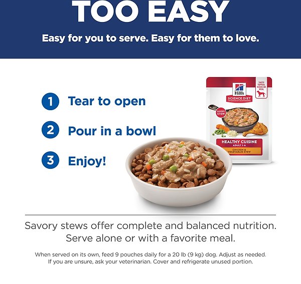 Show full view: Hill's Science Diet Adult Healthy Cuisine Chicken & Vegetables Stew Wet Dog Food, 2.8-oz pouch, case of 24 slide 8 of 9