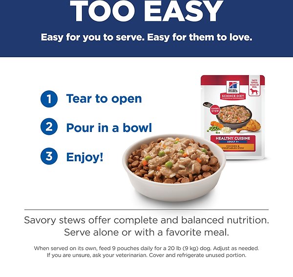 Show full view: Hill's Science Diet Mature Adult Healthy Cuisine Chicken & Vegetables Stew Wet Dog Food, 2.8-oz pouch, case of 24 slide 8 of 9