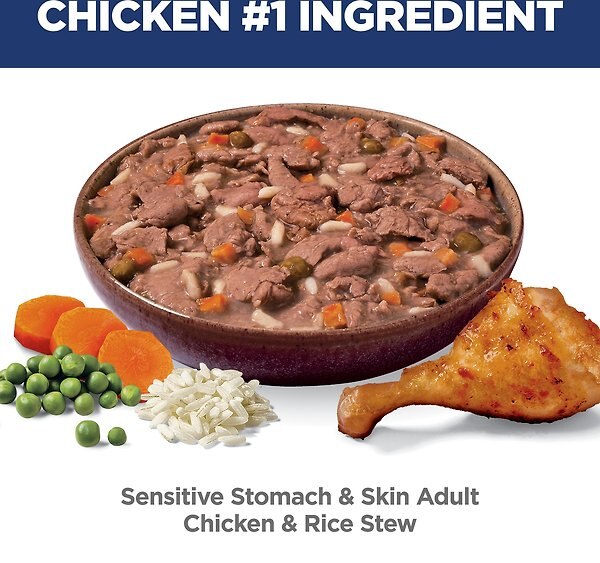 Show full view: Hill's Science Diet Adult Sensitive Stomach & Sensitive Skin Chicken & Rice Stew Wet Dog Food, 2.8-oz pouch, case of 24 slide 4 of 9