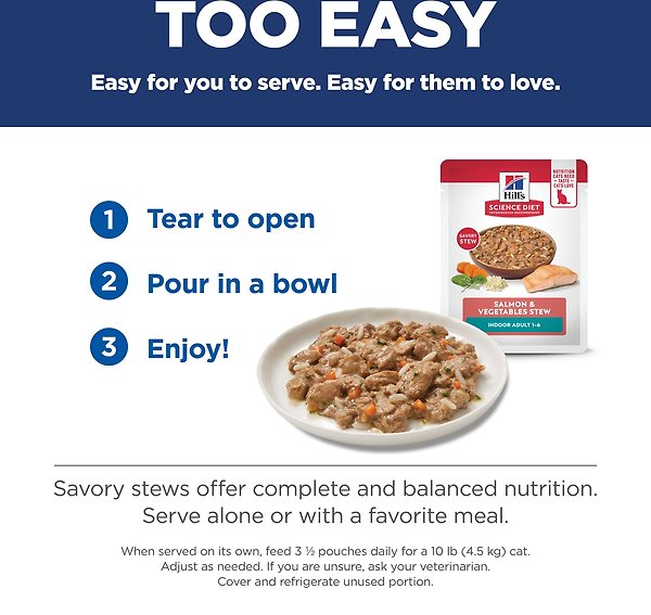 Show full view: Hill's Science Diet Adult Indoor Salmon & Vegetables Stew Wet Cat Food, 2.8-oz pouch, case of 24 slide 8 of 9