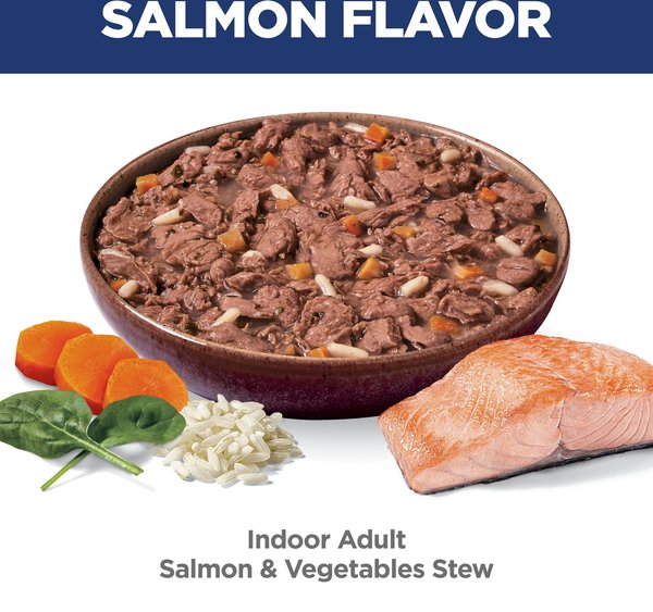 Show full view: Hill's Science Diet Adult Indoor Salmon & Vegetables Stew Wet Cat Food, 2.8-oz pouch, case of 24 slide 4 of 9