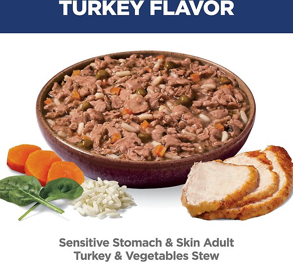 Show full view: Hill's Science Diet Adult Sensitive Stomach & Sensitive Skin Turkey & Vegetables Stew Wet Dog Food, 2.8-oz pouch, case of 24 slide 4 of 9
