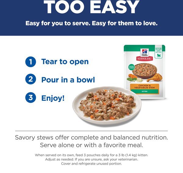 Show full view: Hill's Science Diet Kitten Chicken & Vegetables Stew Wet Cat Food, 2.8-oz pouch, case of 24 slide 8 of 9