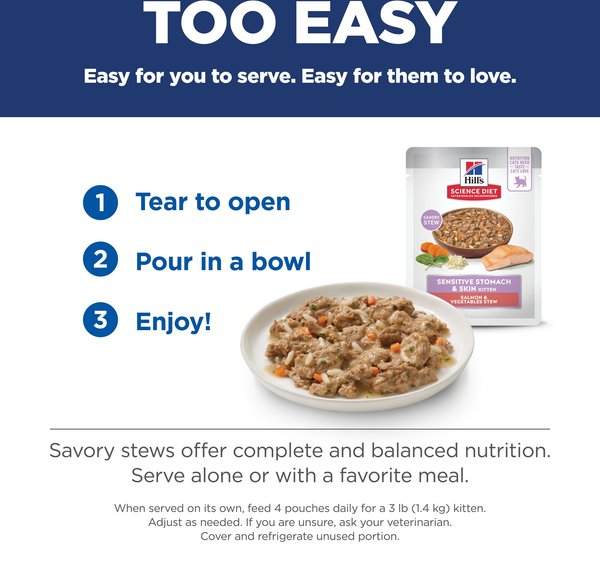 Show full view: Hill's Science Diet Kitten Sensitive Stomach & Sensitive Skin Salmon & Vegetables Stew Wet Cat Food, 2.8-oz pouch, case of 24 slide 8 of 9