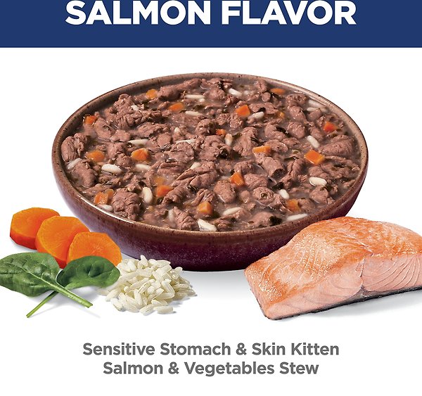 Show full view: Hill's Science Diet Kitten Sensitive Stomach & Sensitive Skin Salmon & Vegetables Stew Wet Cat Food, 2.8-oz pouch, case of 24 slide 4 of 9