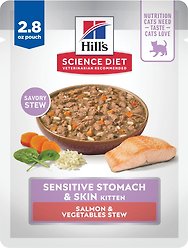 Hill's Science Diet Kitten Sensitive Stomach & Sensitive Skin Salmon & Vegetables Stew Wet Cat Food, 2.8-oz pouch, case of 24