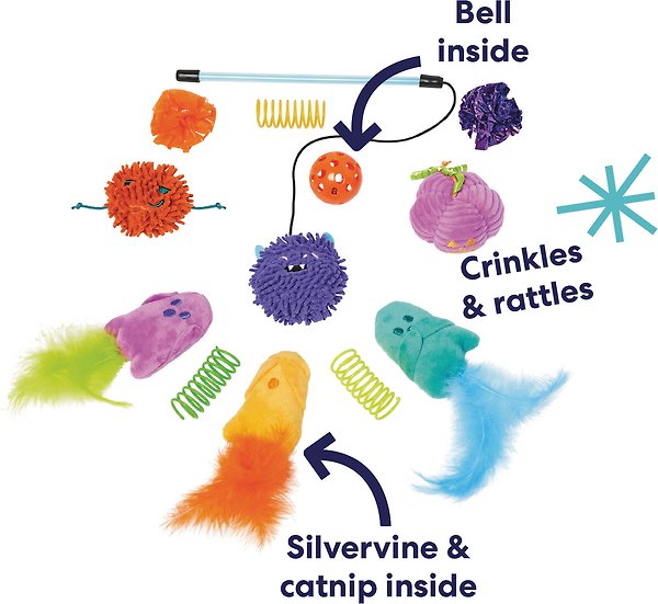 Show full view: Frisco Halloween Vibrant Ghosts Plush, Teaser, Spring & Ball Variety Pack Cat Toy with Silvervine & Catnip, 12 count slide 4 of 7