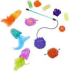 Frisco Halloween Vibrant Ghosts Plush, Teaser, Spring & Ball Variety Pack Cat Toy with Silvervine & Catnip, 12 count