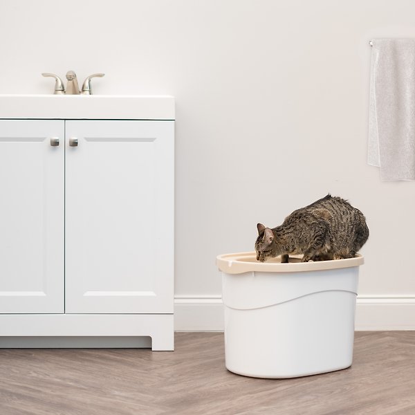 Show full view: IRIS USA Large Round Top Entry Cat Litter Box & Scoop, White/Beige slide 3 of 7