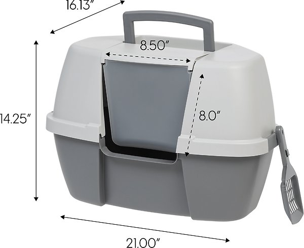 Show full view: IRIS USA Hooded Corner Cat Litter Box with Front Door Flap & Scoop, Gray slide 5 of 9