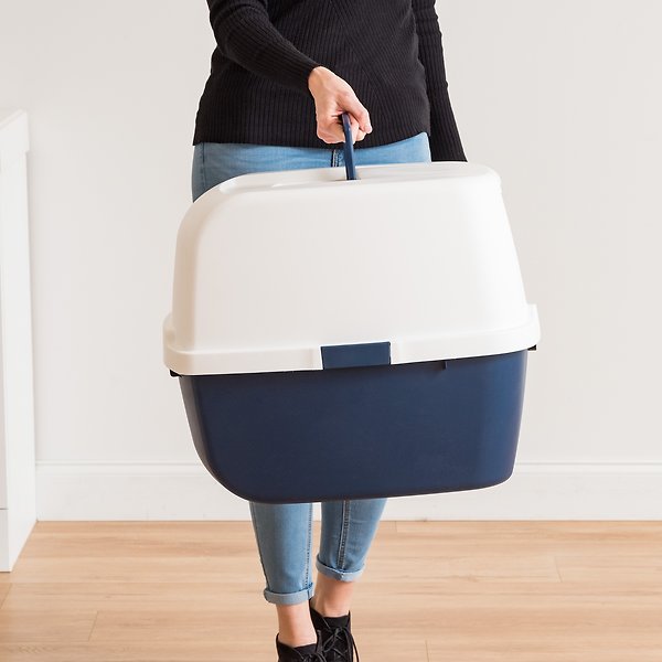 Show full view: IRIS USA Jumbo Enclosed Hooded Cat Litter Box with Front Door Flap, Navy slide 4 of 7