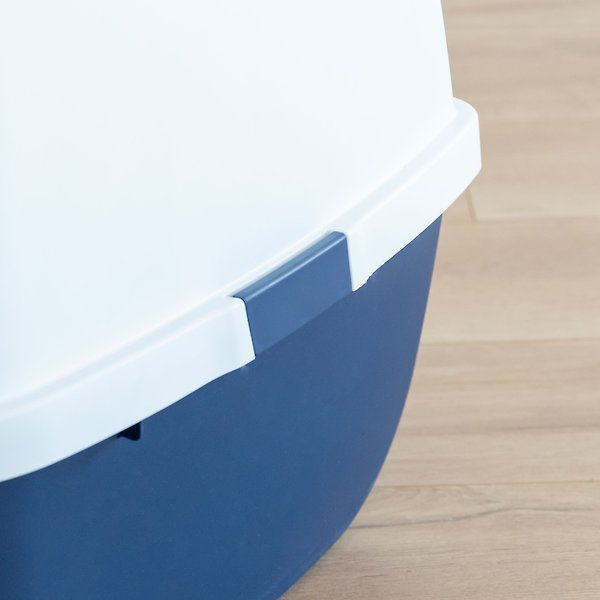 Show full view: IRIS USA Jumbo Enclosed Hooded Cat Litter Box with Front Door Flap, Navy slide 6 of 7
