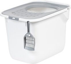 IRIS USA Square Top Entry Cat Litter Box with Scoop, Large, White