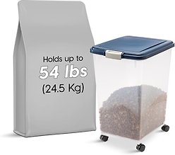 IRIS USA WeatherPro Airtight Dog, Cat, Bird & Small-Pet Food Storage Bin Container with Attachable Casters, Navy, 22.7-kg