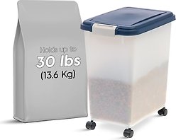 IRIS USA WeatherPro Airtight Dog, Cat, Bird & Small Pet Food Storage Container with Casters, Pearl & Navy, 30-lb