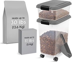 IRIS USA 3-Piece WeatherPro Airtight Stackable Dog, Cat & Bird Food Storage Container Combo with Scoop & Treat Box, Gray, 35-lbs/45-qt