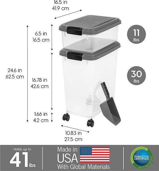 Show full view: IRIS USA 3-Piece WeatherPro Airtight Stackable Dog, Cat & Bird Food Storage Container Combo with Scoop & Treat Box, Gray, 35-lbs/45-qt slide 5 of 8