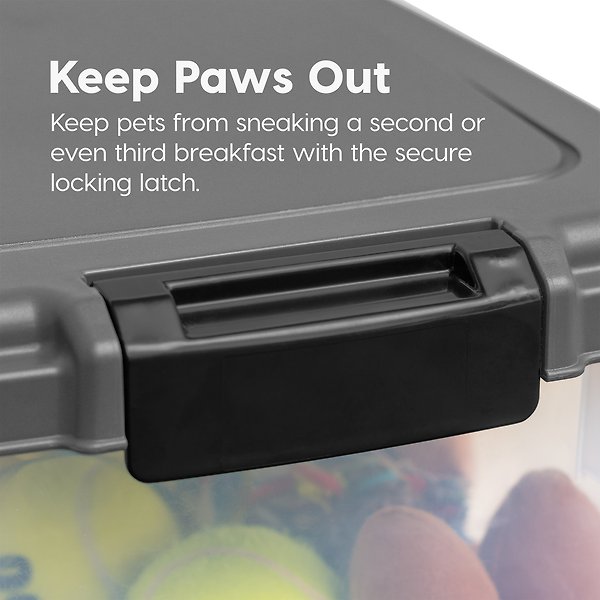 Show full view: IRIS USA 3-Piece WeatherPro Airtight Stackable Dog, Cat & Bird Food Storage Container Combo with Scoop & Treat Box, Gray, 35-lbs/45-qt slide 3 of 8