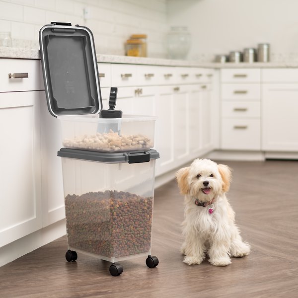 Show full view: IRIS USA 3-Piece WeatherPro Airtight Stackable Dog, Cat & Bird Food Storage Container Combo with Scoop & Treat Box, Gray, 35-lbs/45-qt slide 6 of 8
