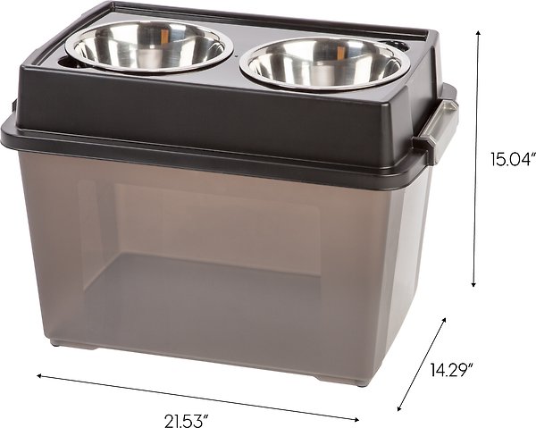 Show full view: IRIS WeatherPro Airtight Elevated Pet Feeder with Food Storage Container & Bowls in Lid, Smoke/Black, 8-cup slide 6 of 8