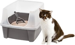 IRIS USA Large Cat Litter Box with Scatter Shield & Scoop, Dark Gray