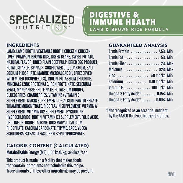 Show full view: Natural Balance Specialized Nutrition Digestive & Immune Health Adult Lamb & Brown Rice Formula Wet Dog Food, 12.7-oz can, case of 12 slide 8 of 9
