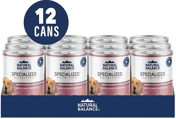 Show full view: Natural Balance Specialized Nutrition Sensitive Skin & Stomach Formula Adult Salmon & Brown Rice Wet Dog Food, 12.7-oz can, case of 12 slide 3 of 9