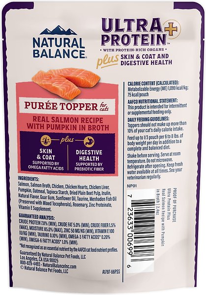 Show full view: Natural Balance Ultra Protein Plus Skin, Coat & Digestive Health Real Salmon with Pumpkin Puree Wet Cat Food, 2.4-oz pouch, case of 12 slide 3 of 9