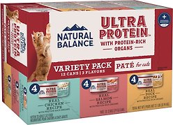Natural Balance Ultra Protein Pate Variety Pack Chicken, Duck & Salmon Wet Cat Food, 2.8-oz can, case of 12