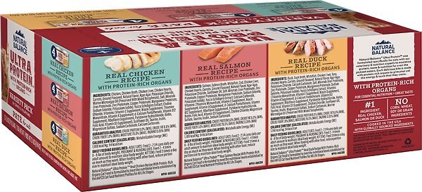 Show full view: Natural Balance Ultra Protein Pate Variety Pack Chicken, Duck & Salmon Wet Cat Food, 2.8-oz can, case of 12 slide 3 of 9