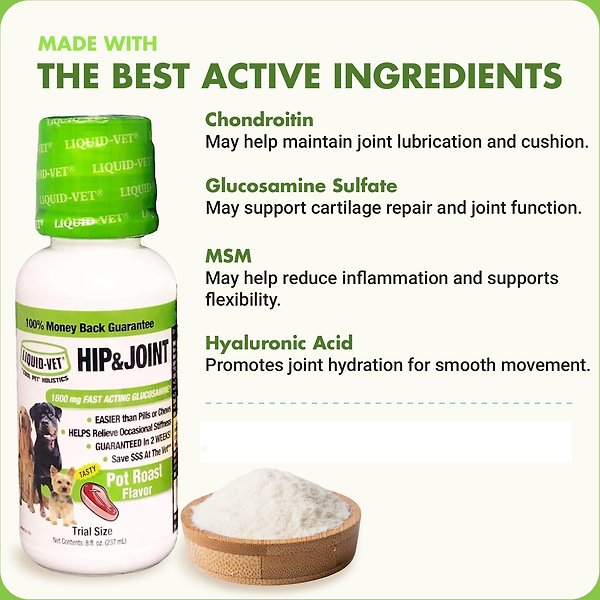 Show full view: Liquid-Vet K9 Hip & Joint Support Pot Roast Flavour Supplement for Dogs, 8-oz bottle, 2 count slide 6 of 8