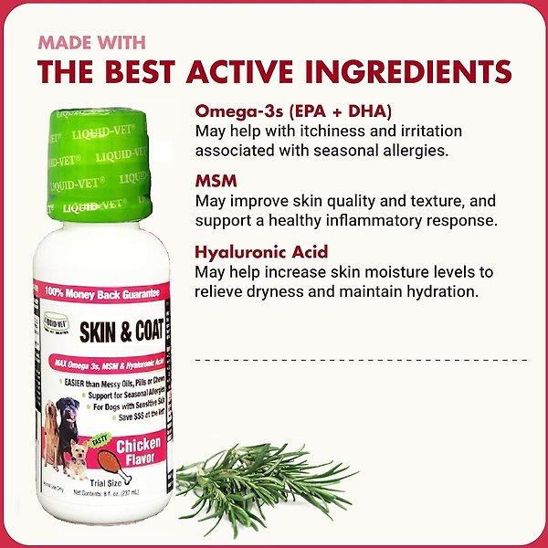 Show full view: Liquid-Vet K9 Skin & Coat Support Chicken Flavour Supplement for Dogs, 32-oz bottle slide 4 of 7