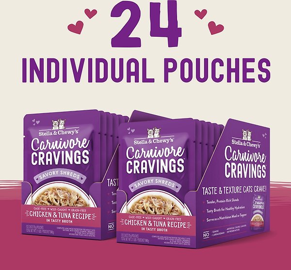 Show full view: Stella & Chewy's Carnivore Cravings Chicken & Tuna Flavored Shredded Wet Cat Food, 2.8-oz pouch, case of 12 slide 6 of 9