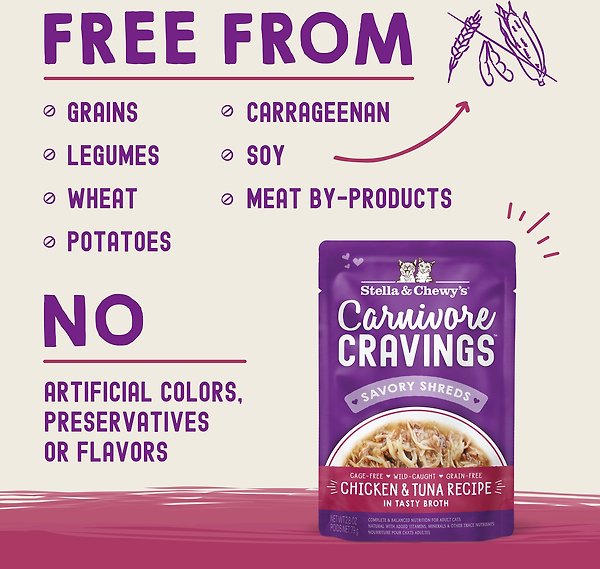 Show full view: Stella & Chewy's Carnivore Cravings Chicken & Tuna Flavored Shredded Wet Cat Food, 2.8-oz pouch, case of 12 slide 3 of 9