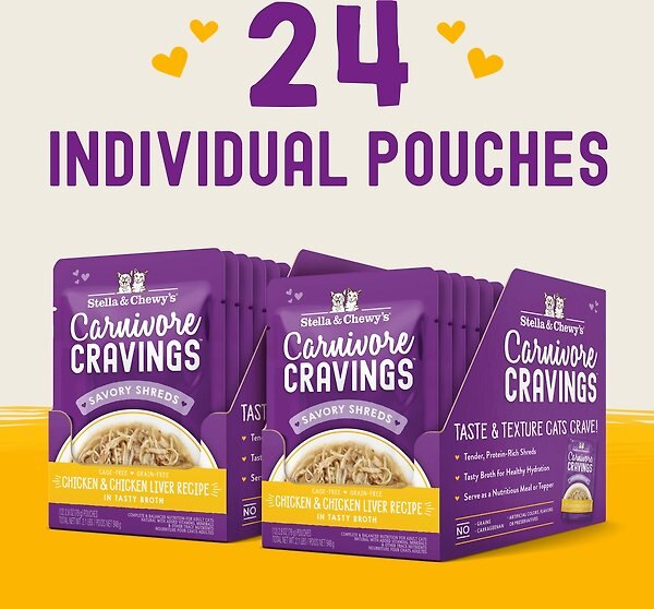 Show full view: Stella & Chewy's Carnivore Cravings Chicken & Chicken Liver Flavored Shredded Wet Cat Food, 2.8-oz pouch, case of 12 slide 6 of 9