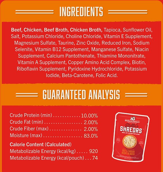Show full view: Stella & Chewy's Stella’s Shredrs Grass Fed & Cage Free Beef & Chicken Recipe in Broth Adult Wet Dog Food, 2.8-oz pouch, case of 12 slide 4 of 9