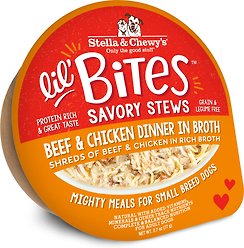 Stella & Chewy's Lil Bites Savory Stews Grain-Free Beef & Chicken in Broth Flavored Shredded Small Breed Wet Dog Food, 2.7-oz cup, case of 12
