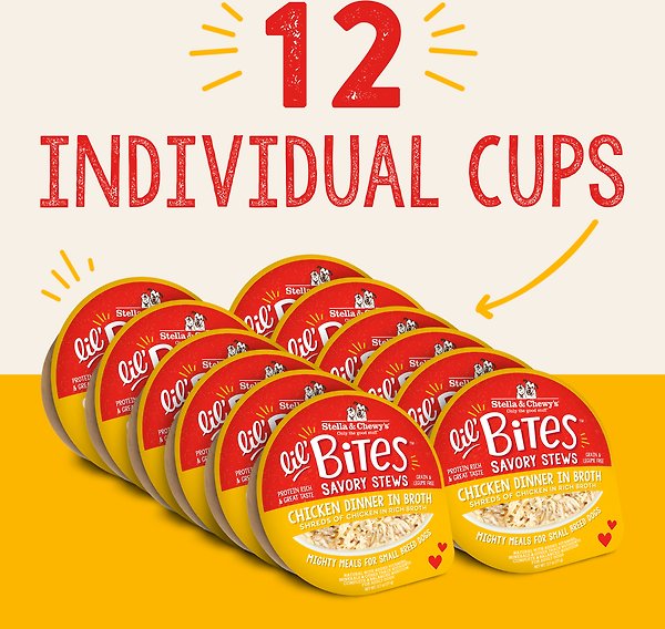 Show full view: Stella & Chewy's Lil Bites Savory Stews Grain-Free Chicken in Broth Flavored Shredded Small Breed Wet Dog Food, 2.7-oz cup, case of 12 slide 8 of 8