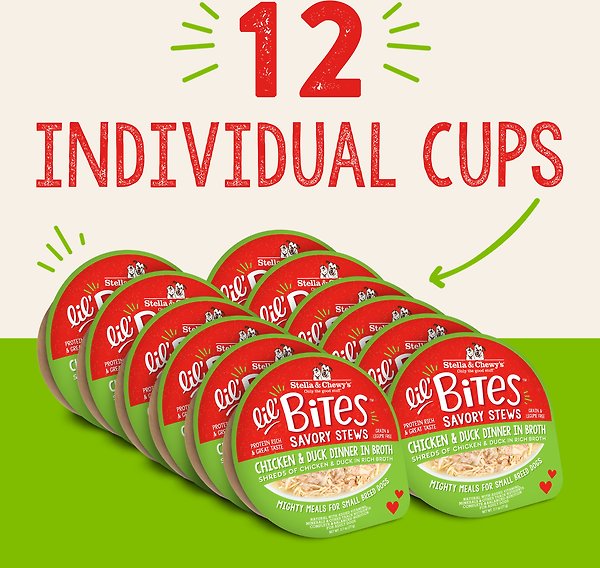 Show full view: Stella & Chewy's Lil Bites Savory Stews Grain-Free Chicken & Duck in Broth Flavored Shredded Small Breed Wet Dog Food, 2.7-oz cup, case of 12 slide 8 of 8