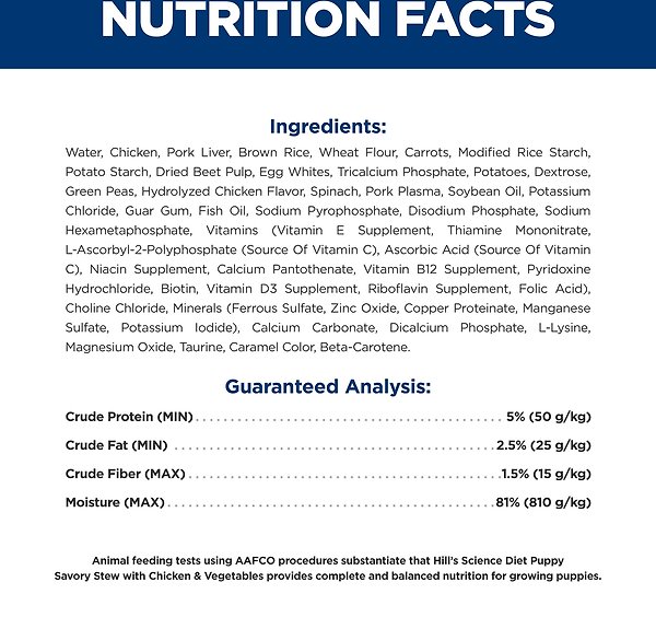 Show full view: Hill's Science Diet Puppy Savory Stew with Chicken & Vegetables Canned Dog Food, 363-g can, case of 12 slide 9 of 12