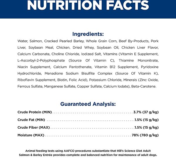 Show full view: Hill's Science Diet Adult Salmon & Barley Entree Canned Dog Food, 	368-g can, case of 12 slide 9 of 9