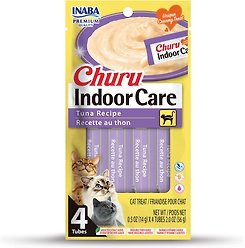 Inaba Churu Hairball Control Indoor Care Tuna Recipe Creamy Puree Grain-Free Lickable Cat Treats, 14-g tube, 4 count