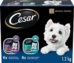 Cesar Classic Loaf in Sauce Pork Tenderloin Flavour & Top Sirloin Flavour Variety Pack Adult Wet Dog Food, 100-g tray, case of 12